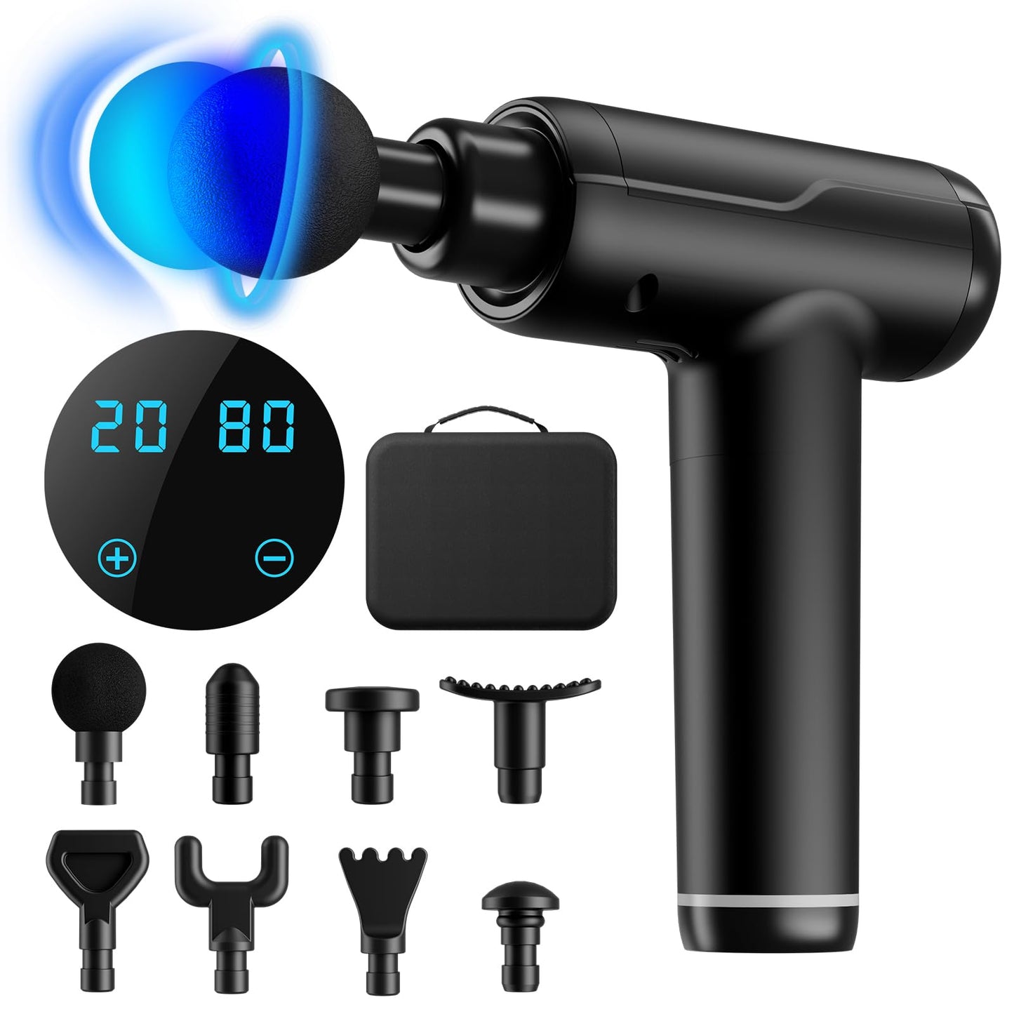 Black massage gun with LCD screen, includes 8 attachments, portable case, and touch controls for deep tissue relief; perfect for muscle recovery.