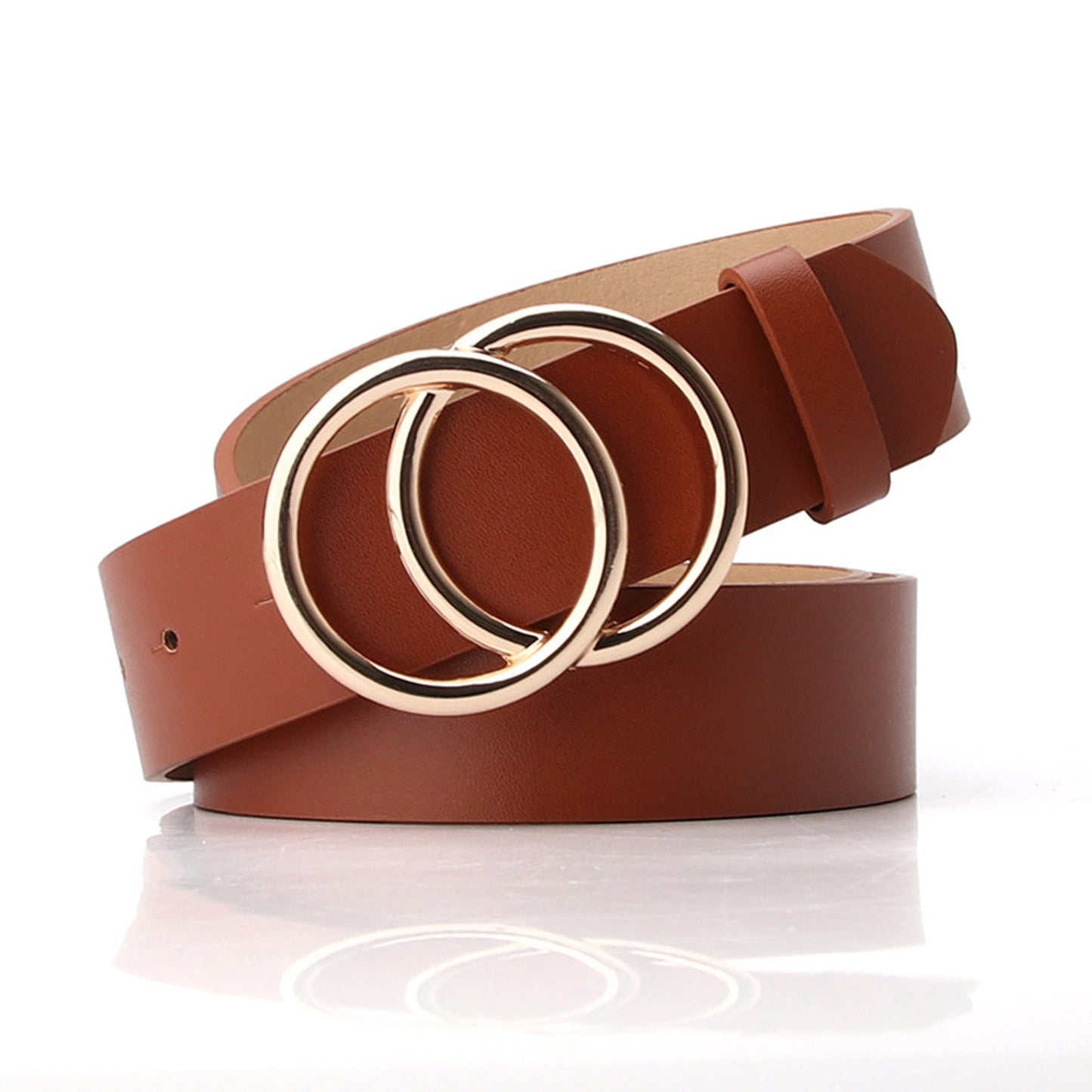 Woman's Leather Belt with Double O-Ring Buckle Jeans Waist Belts
