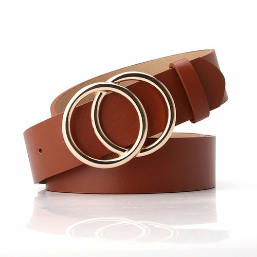 Woman's Leather Belt with Double O-Ring Buckle Jeans Waist Belts