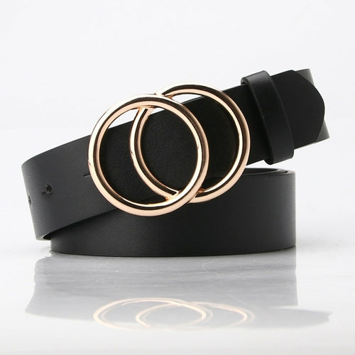 Woman's Leather Belt with Double O-Ring Buckle Jeans Waist Belts