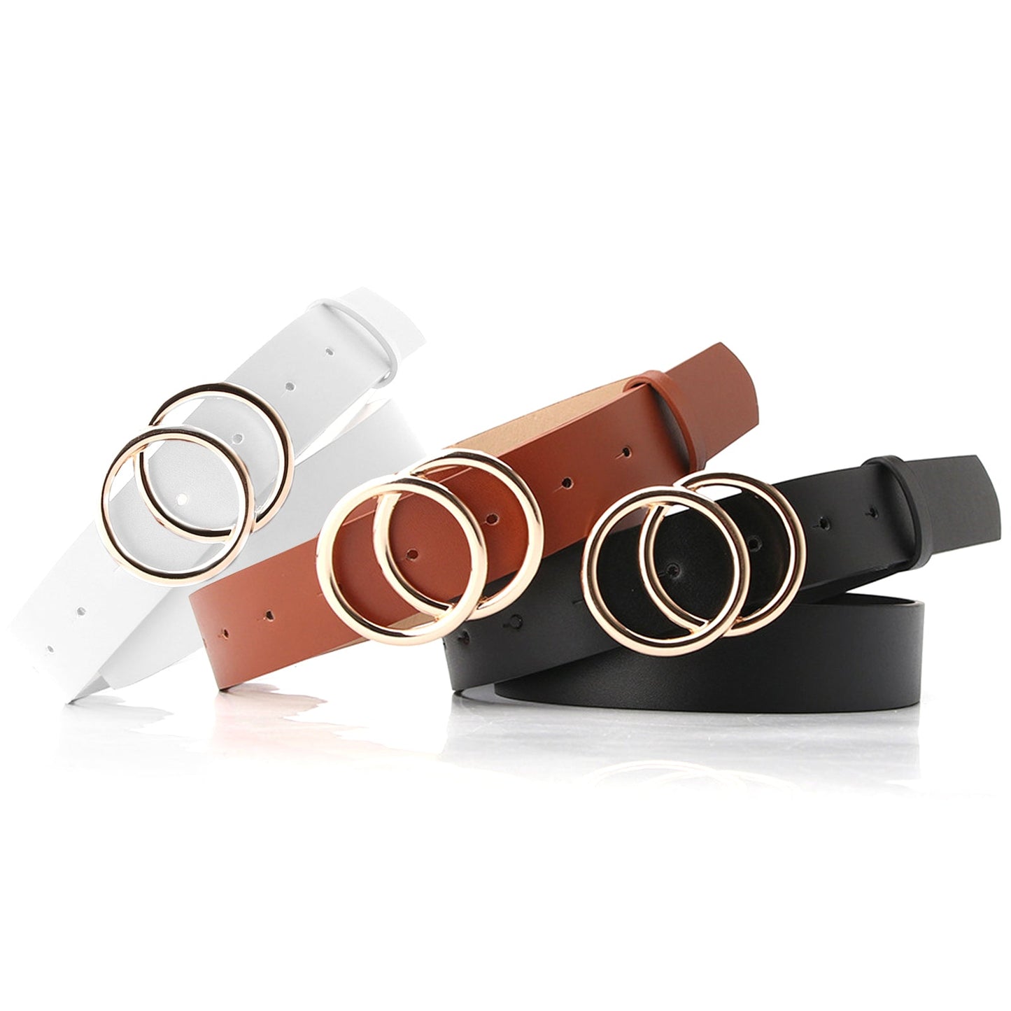 Woman's Leather Belt with Double O-Ring Buckle Jeans Waist Belts