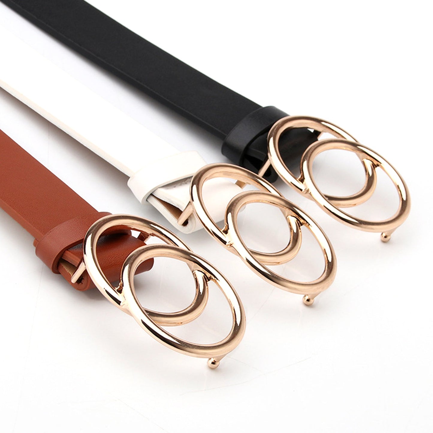 Woman's Leather Belt with Double O-Ring Buckle Jeans Waist Belts