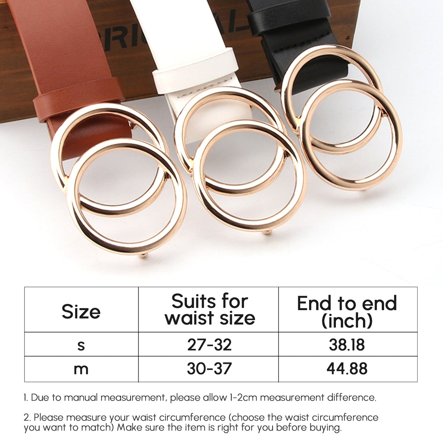 Woman's Leather Belt with Double O-Ring Buckle Jeans Waist Belts