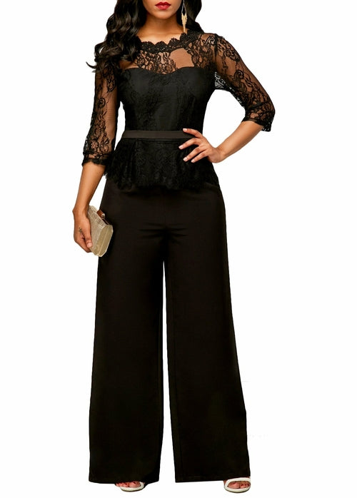 Womens Solid Lace Jumpsuit Loose 3/4 Long Sleeves Playsuit Full Body Elegan Crew Neck Rompers Onesie for Evening Out