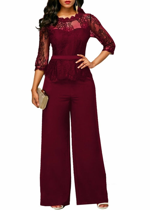 Womens Solid Lace Jumpsuit Loose 3/4 Long Sleeves Playsuit Full Body Elegan Crew Neck Rompers Onesie for Evening Out