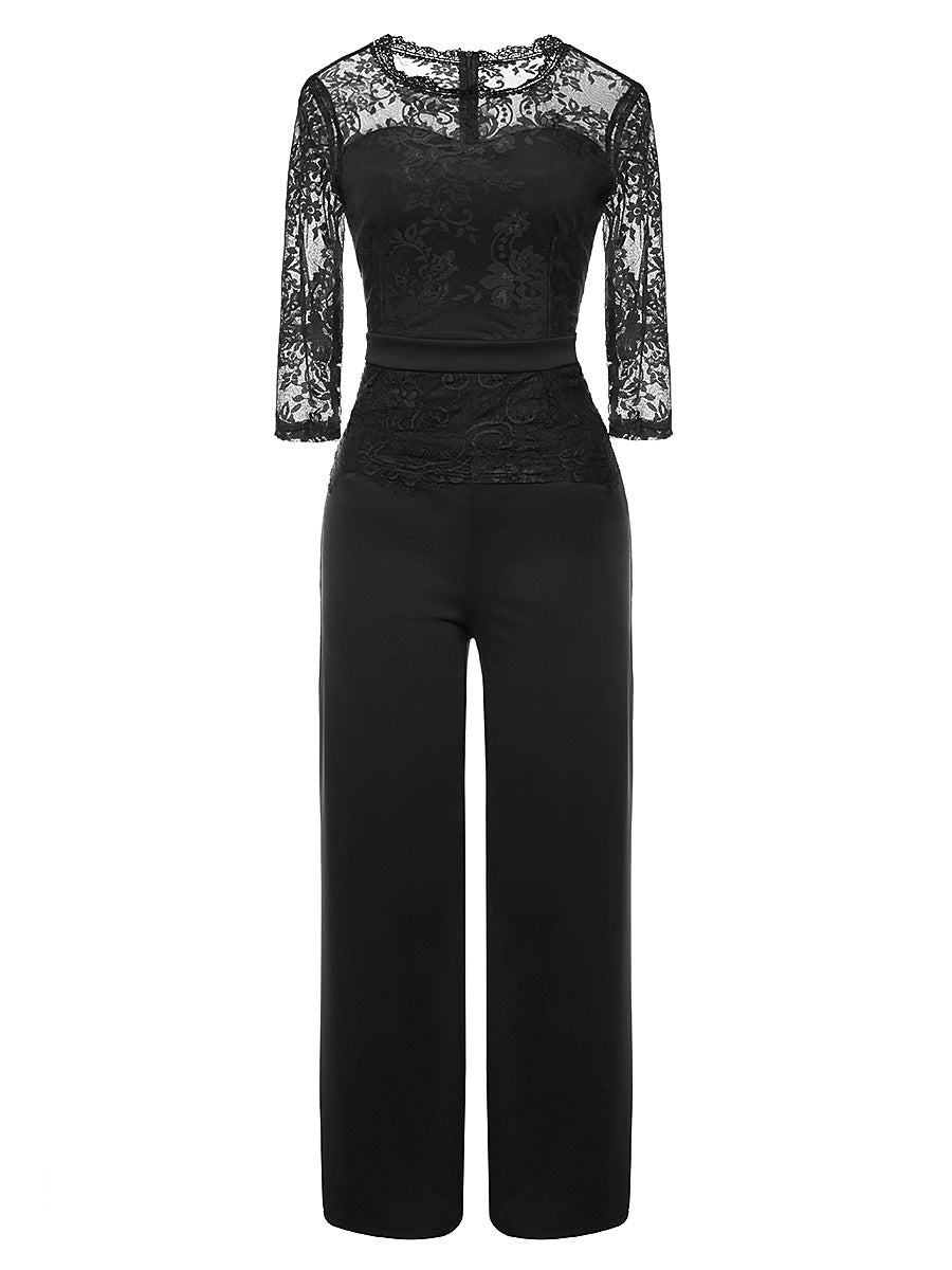 Womens Solid Lace Jumpsuit Loose 3/4 Long Sleeves Playsuit Full Body Elegan Crew Neck Rompers Onesie for Evening Out