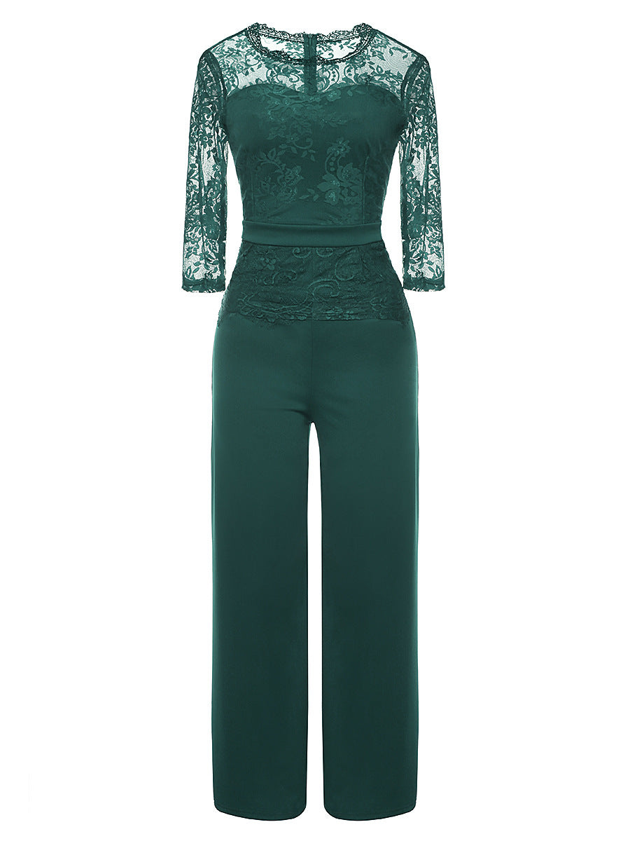 Womens Solid Lace Jumpsuit Loose 3/4 Long Sleeves Playsuit Full Body Elegan Crew Neck Rompers Onesie for Evening Out