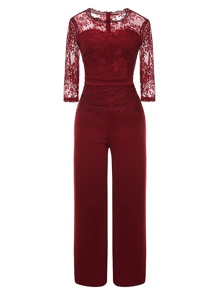 Womens Solid Lace Jumpsuit Loose 3/4 Long Sleeves Playsuit Full Body Elegan Crew Neck Rompers Onesie for Evening Out