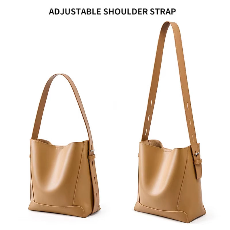 Women's two-layer leather shopping bag, adjustable shoulder strap, women's casual shoulder bag