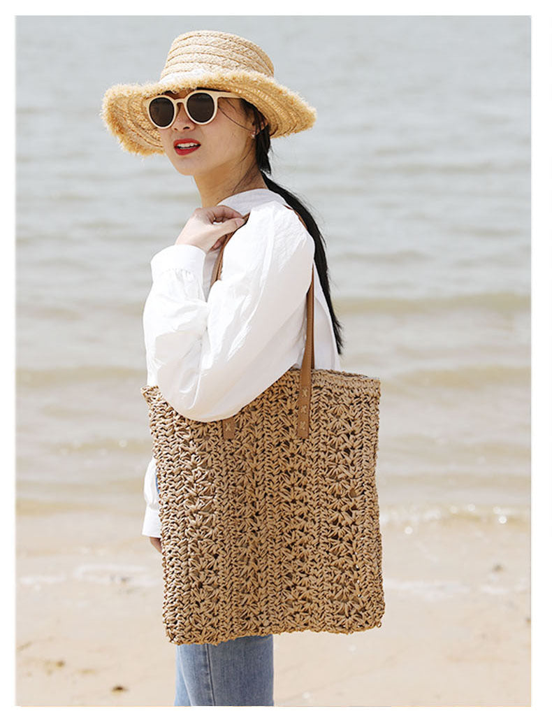 New Woven Striped Straw Bag, Fashionable And Casual Hollow Large Capacity Bag