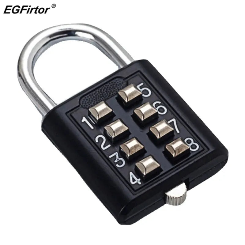 8 digits password combination padlock, black zinc alloy, ideal for luggage security.