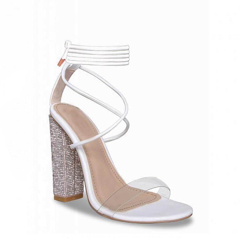 white transparent strap block heel sandals for summer 2025