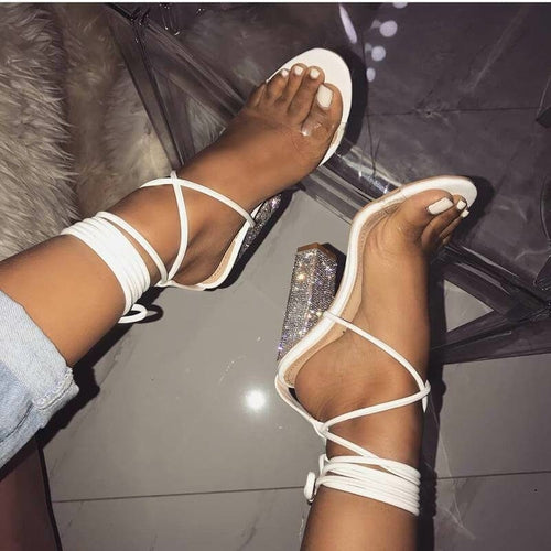 fashionable thick heeled transparent sandals for parties