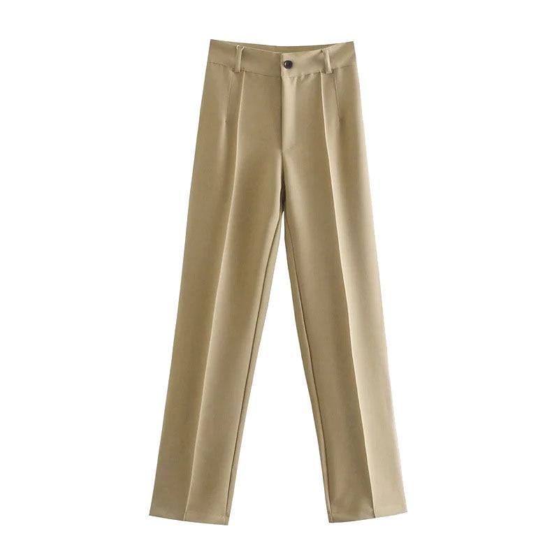 Women Chic Side Pockets Straight Pants Vintage High Waist Zipper Fly
