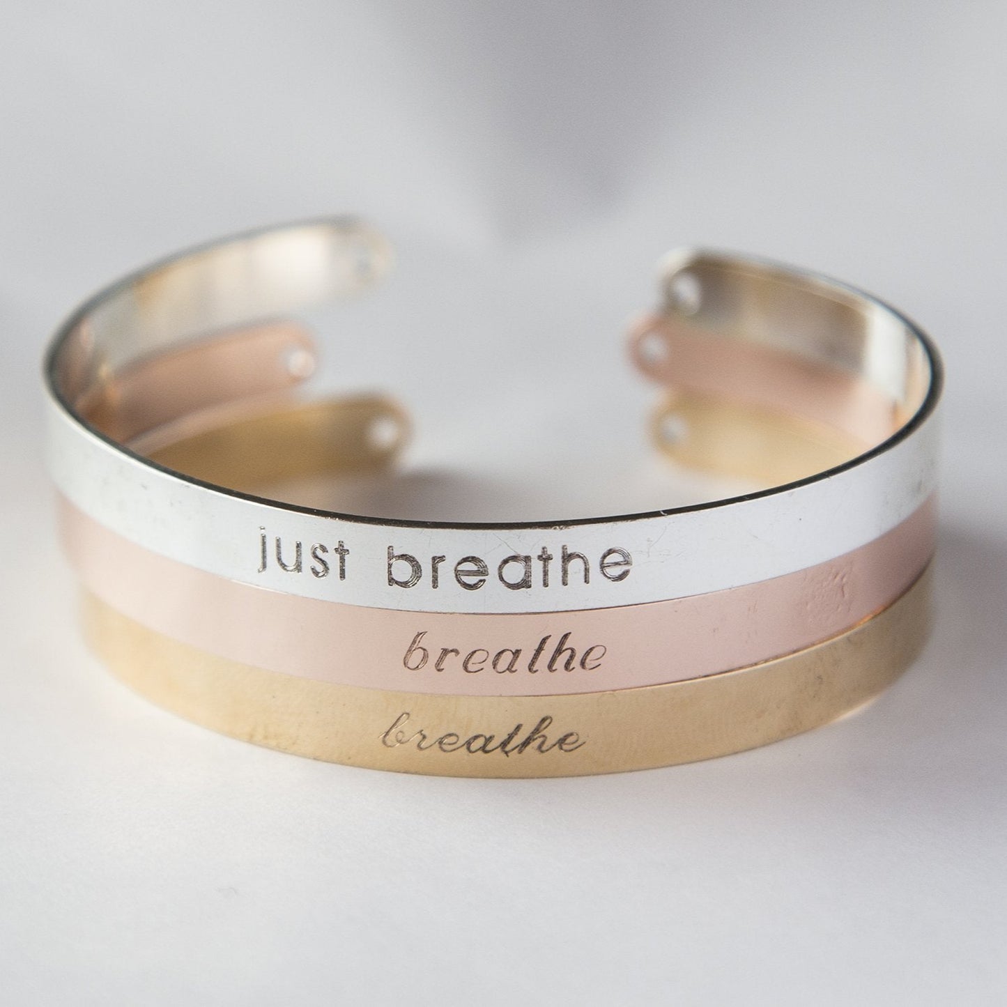 Just Breathe Bracelet, Yoga Gift, Just Breathe Mantra Cuff Bracelet
