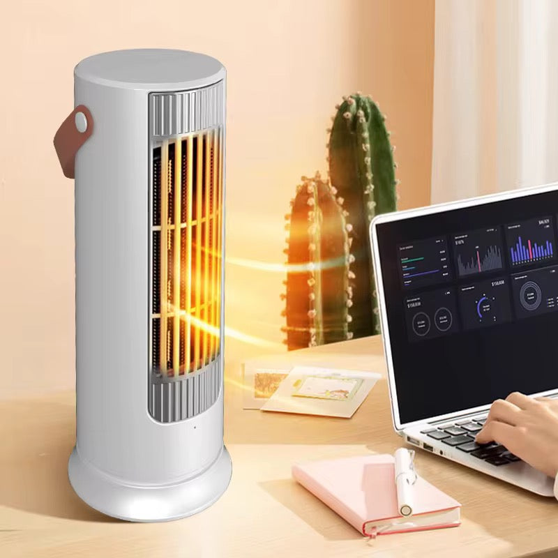Tower electric heater on a desk, energy-saving 1000W PTC, for home and office winter warmth.