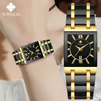 Japanese Quartz Watches WWOOR Black Gold Square Watch Stainless Steel Waterproof Fashion