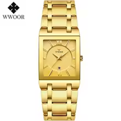 Japanese Quartz Watches WWOOR Black Gold Square Watch Stainless Steel Waterproof Fashion