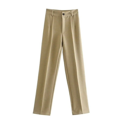 Women Chic Side Pockets Straight Pants Vintage High Waist Zipper Fly