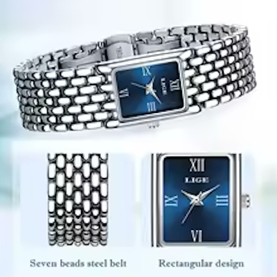 LIGE Silver Watch for Women Square Ladies Quartz Wristwatches Small Gold Watch