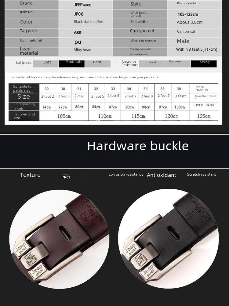 Jeep - Unisex Luxury Belt Genuine Leather Belt Metal Pin Buckle High Quality