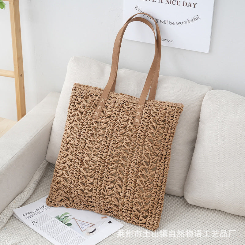 New Woven Striped Straw Bag, Fashionable And Simple Handbag, Casual Hollow Women Large Capacity Bag