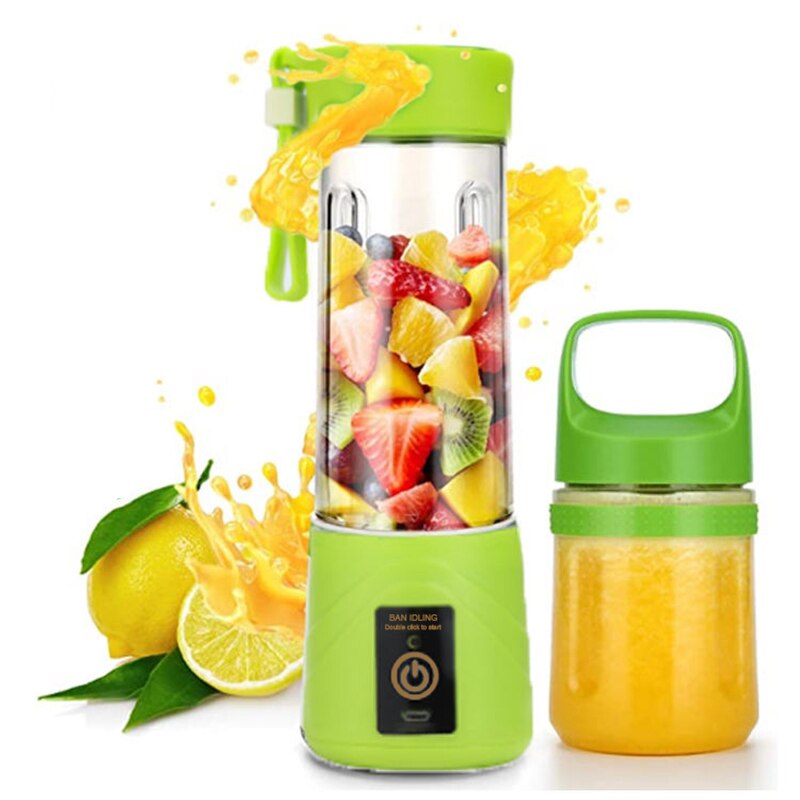 Portable electric mini blender for fruit juice in green, includes detachable bottle, surrounded by fresh fruit slices and juice splashes.