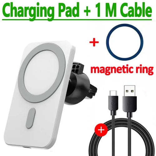 30W magnetic car wireless charger with charging pad, magnetic ring, and 1m Type-C cable for iPhone 14, 13, 12 Pro Max.