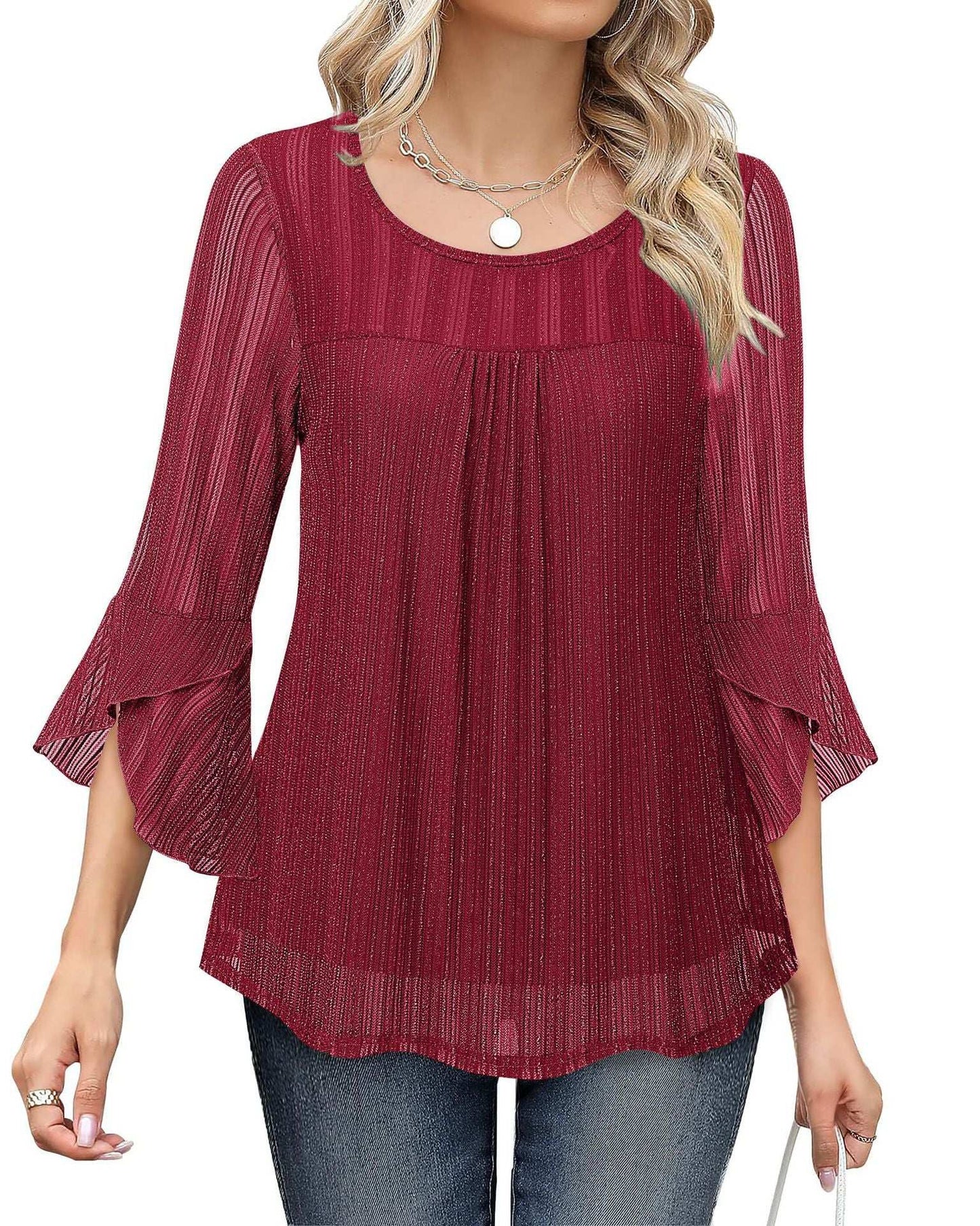 Women Fashion Blouses Flare Sleeve Elegant Ladies O-Neck Tunic Tops New Spring Summer Casual Ruffles