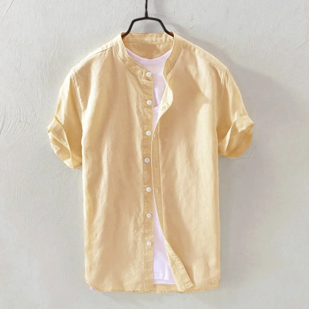New collection Men's Casual Blouse Cotton Shirt Loose Tops Short Sleeve Summer