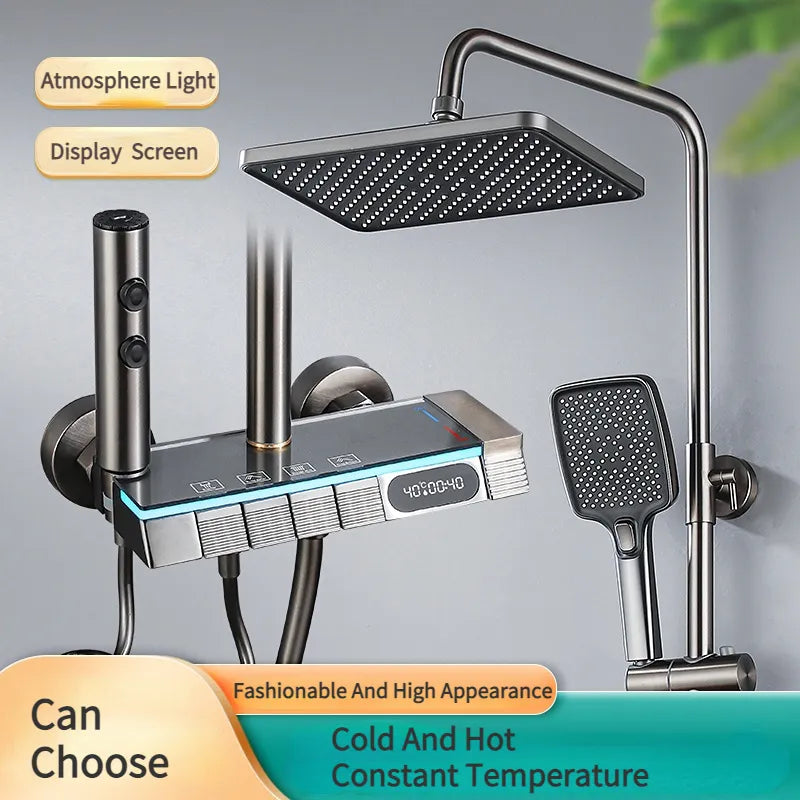 LED Atmosphere Lamp Shower Set with digital display and thermostatic mixer for bathroom.