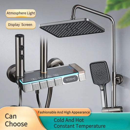 LED Atmosphere Lamp Shower Set with digital display and thermostatic mixer for bathroom.