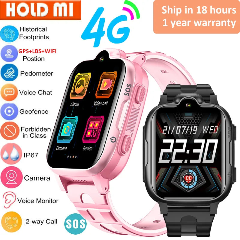 4G Kids Smartwatch with GPS Tracker, HD Video Call, Touch Screen, SOS Feature, Waterproof Design.