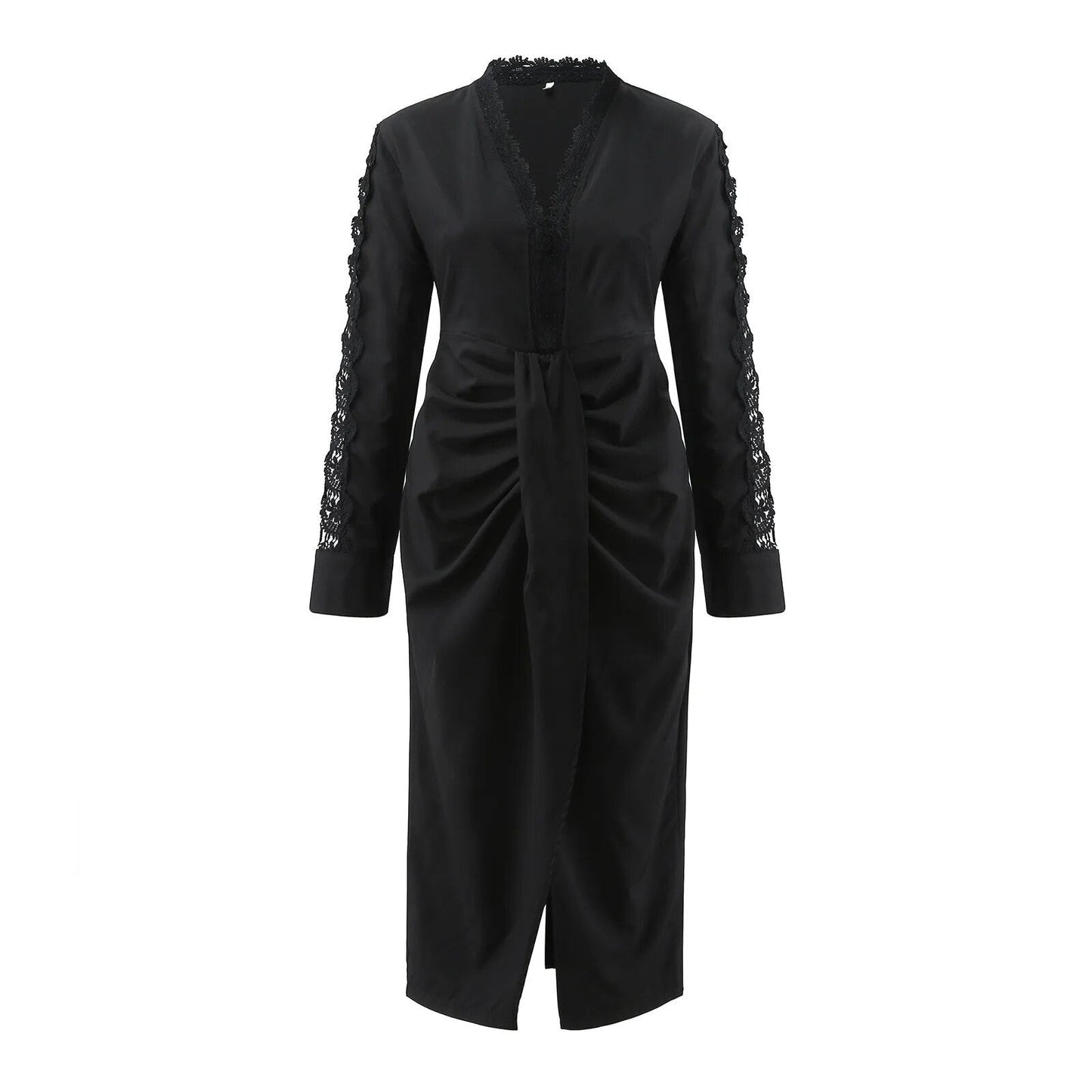 Solid Color Lace Trim Hollow Long Sleeve Dress Women's Waist Tie