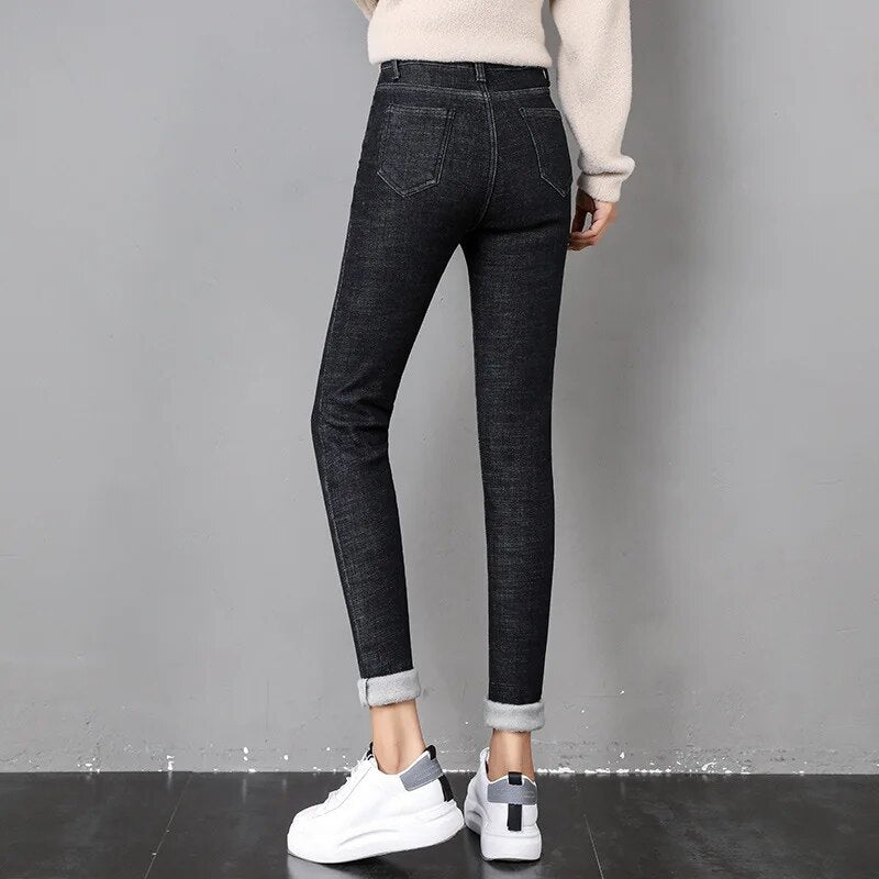 Fashion Stretch High Waist Pencil Pants Female Casual Velvet Jeans Womens High Quality Jeans Thick Women Pants