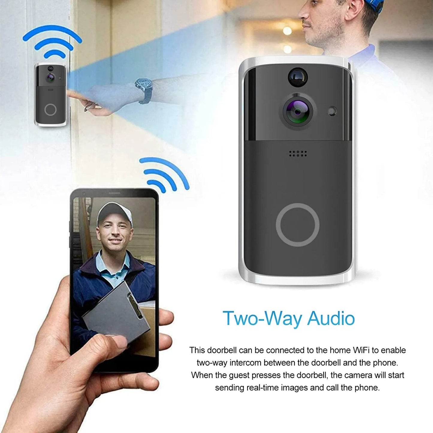 WiFi doorbell camera with two-way audio and smartphone connectivity.