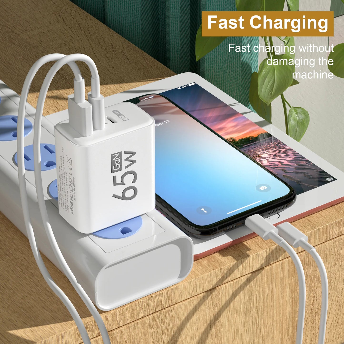 65 W USB C Charger GaN Fast Charging Charger PD Quick Charge 3.0 Wall