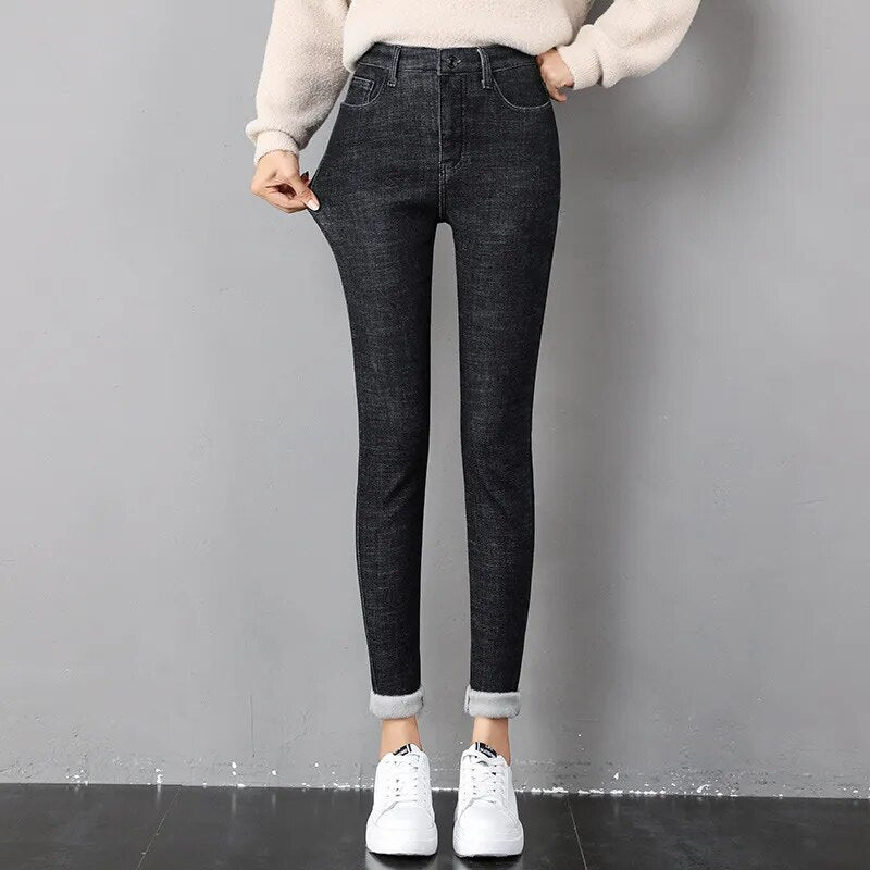 Fashion Stretch High Waist Pencil Pants Female Casual Velvet Jeans Womens High Quality Jeans Thick Women Pants