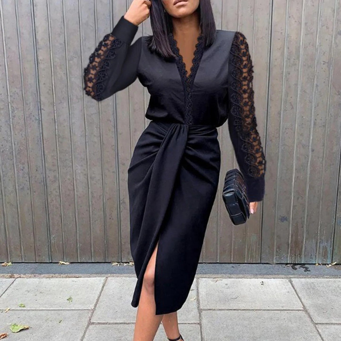 Solid Color Lace Trim Hollow Long Sleeve Dress Women's Waist Tie