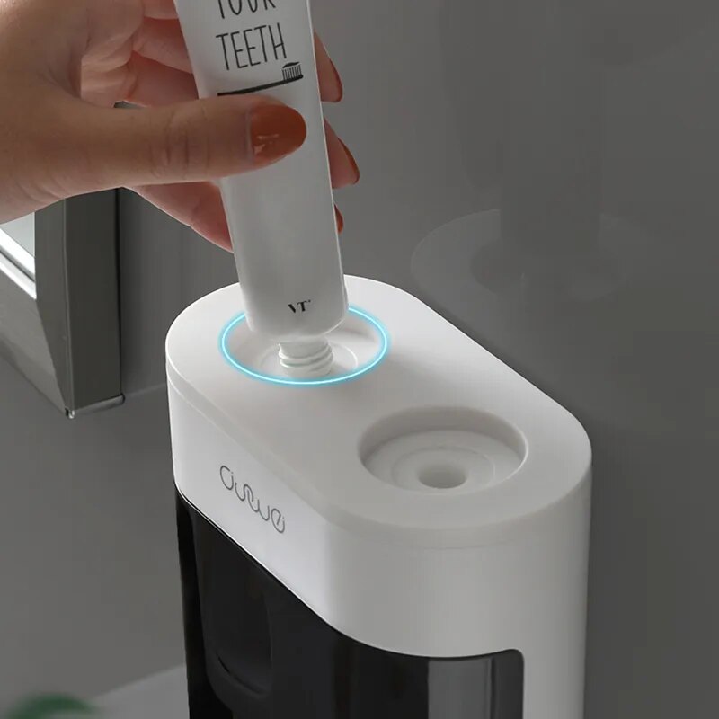 Wall Mounted Toothbrush Holder with 2 Toothpaste Dispensers, 4 Toothbrush Holders, Double Toothpaste Press Set for Bathroom with Dustproof Cover