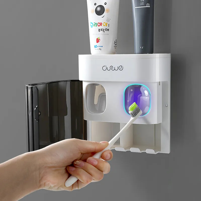 Wall Mounted Toothbrush Holder with 2 Toothpaste Dispensers, 4 Toothbrush Holders, Double Toothpaste Press Set for Bathroom with Dustproof Cover