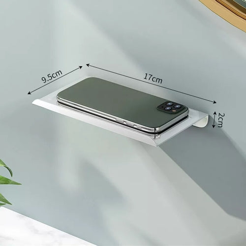 Black aluminum toilet paper holder with shelf and phone resting space.
