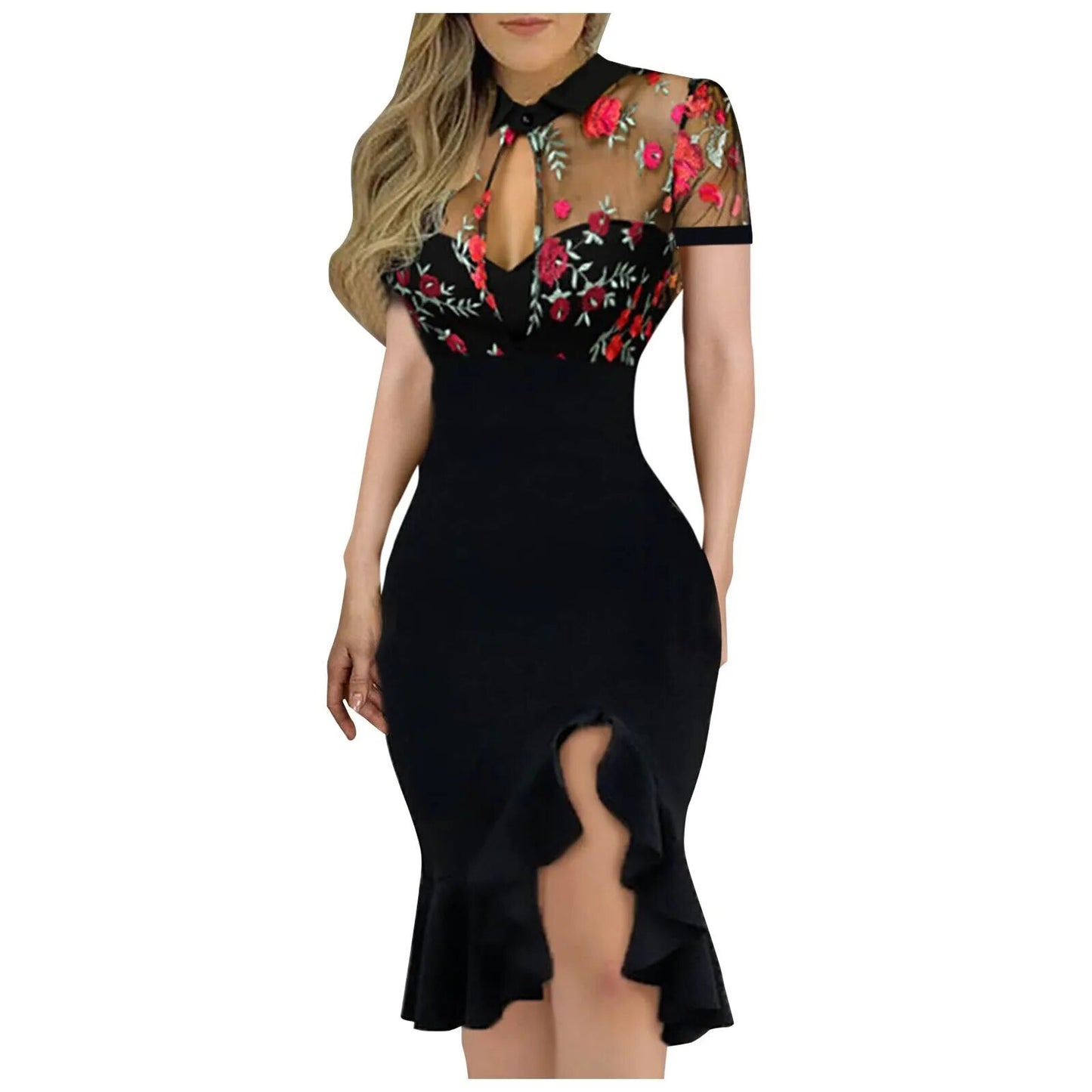 Black Sheer Mesh Printed Short Sleeve Dress Women Slim Printed