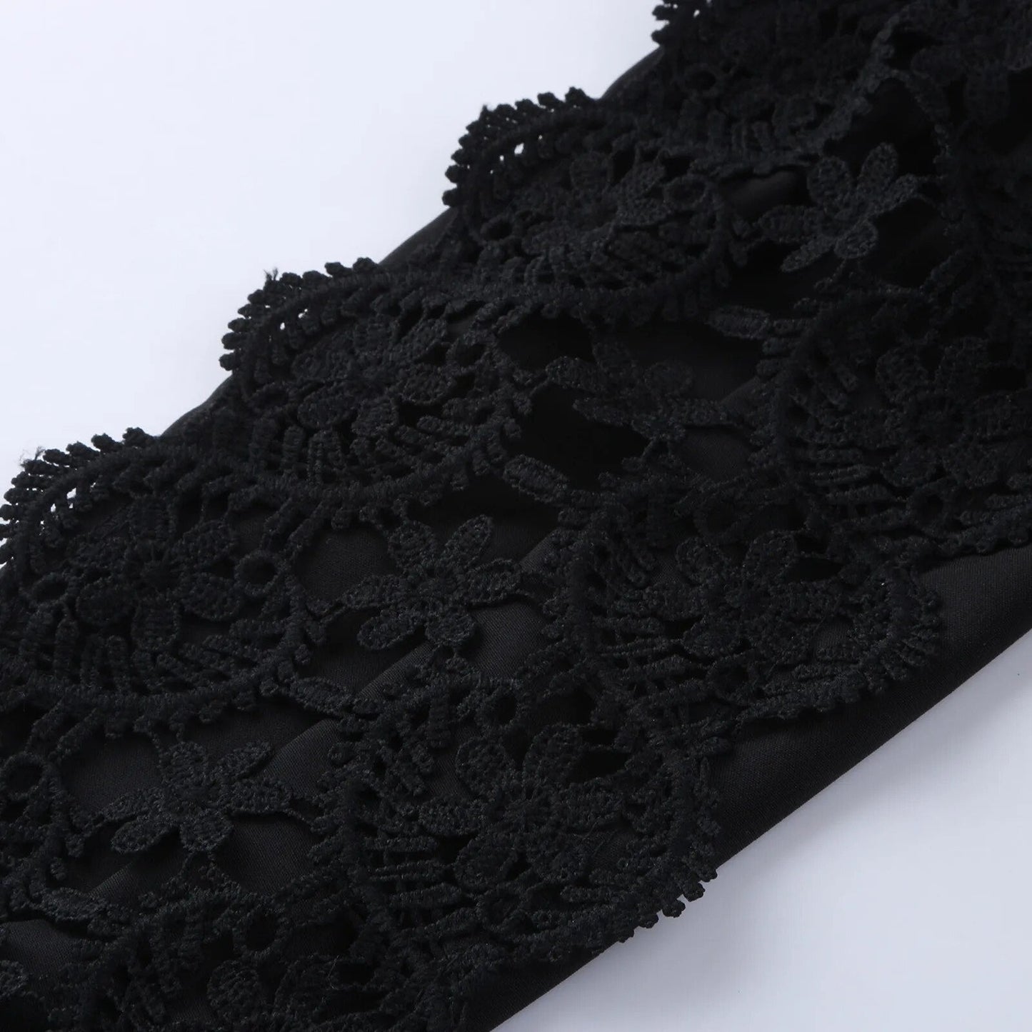 Solid Color Lace Trim Hollow Long Sleeve Dress Women's Waist Tie