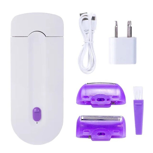 Painless hair removal laser epilator with accessories, including trimmer head, microfoil head, USB charger, and cleaning brush.