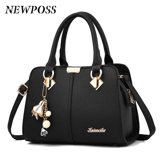 Newposs Famous Designer Brand Women Leather Handbag with Pendant, Black, 2024 Luxury Collection