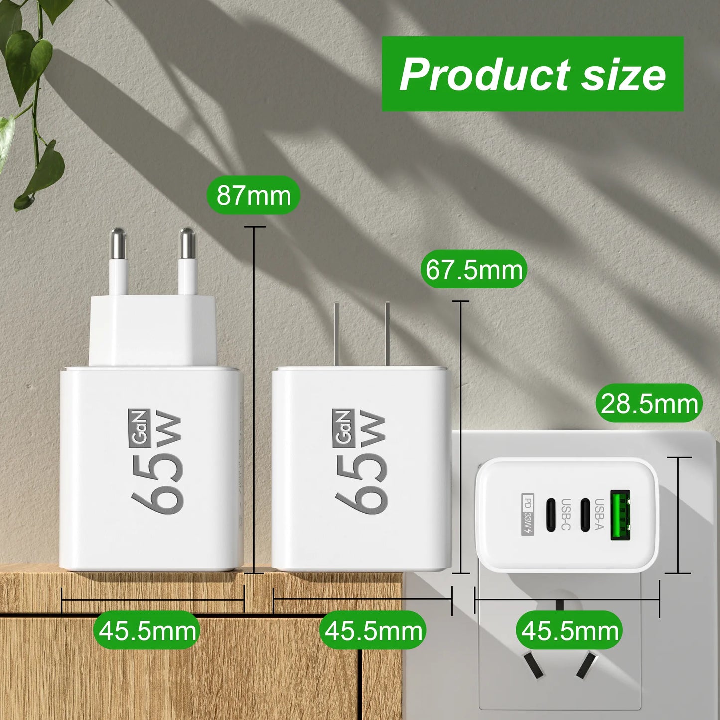 65 W USB C Charger GaN Fast Charging Charger PD Quick Charge 3.0 Wall
