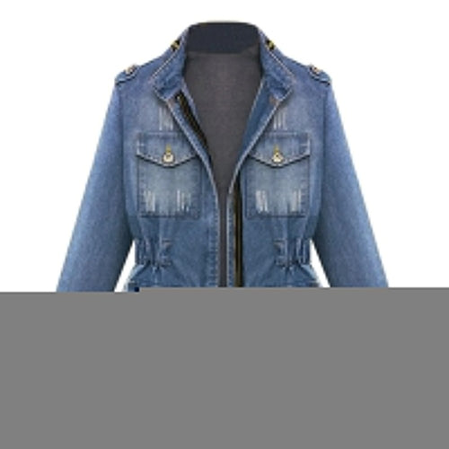 Women's denim tunic jacket with zipper waist, suitable for autumn and winter streetwear.