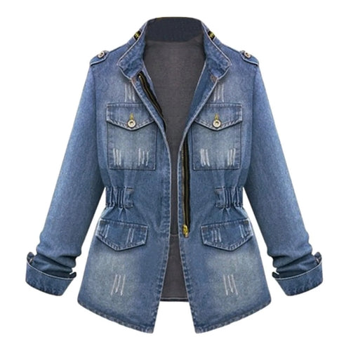Womens denim tunic, autumn winter streetwear, zipper waist, casual style.