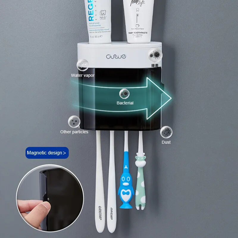Wall Mounted Toothbrush Holder with 2 Toothpaste Dispensers, 4 Toothbrush Holders, Double Toothpaste Press Set for Bathroom with Dustproof Cover